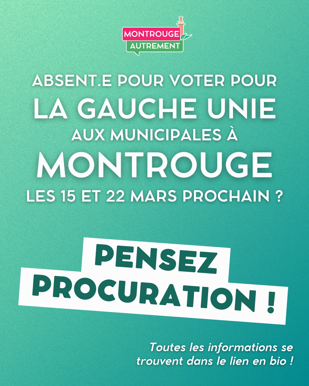 Vous ne pouvez pas aller voter pour la prochaine élection municipale les dimanches 15 et / ou 22 mars ?
Pensez à la procuration ! Et si vous ne connaissez personne pour porter votre procuration, contactez-nous !

Toutes les infos dans le lien en bio !

#montrouge #montrougeautrement #municipales #montrouge2026 #municipales2026