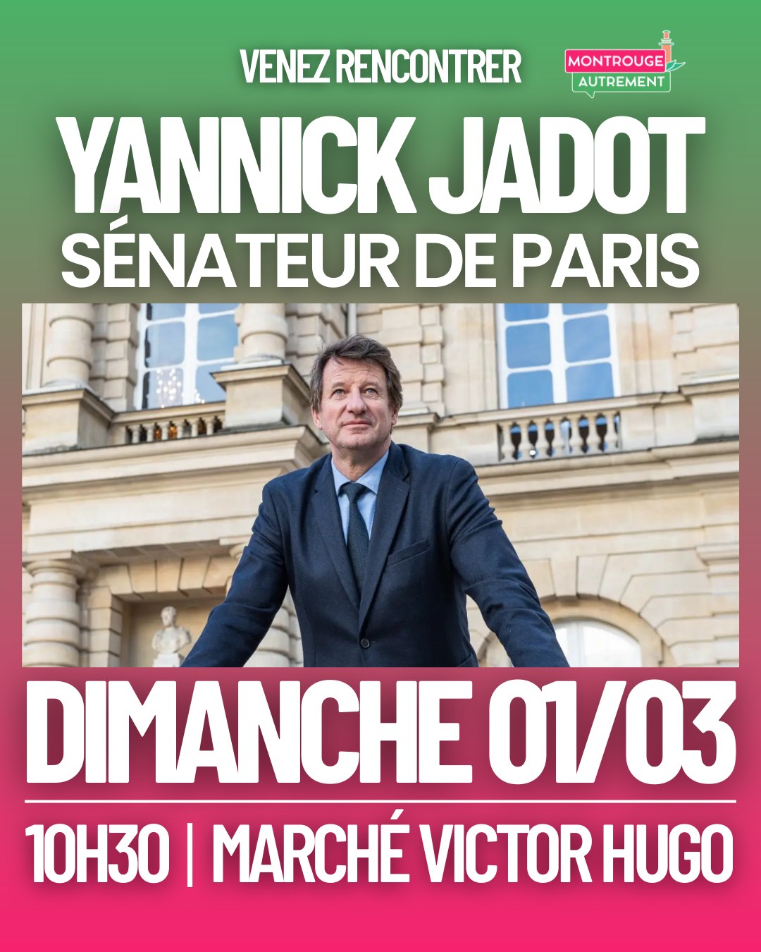 Yannick Jadot, sénateur écologiste de Paris, vient nous apporter son soutien ! Venez à sa rencontre ce dimanche 01 mars à partir de 10h30 au marché Victor Hugo !

#montrougeautrement #montrougemunicipales #municipales2026 #montrouge2026 #montrouge