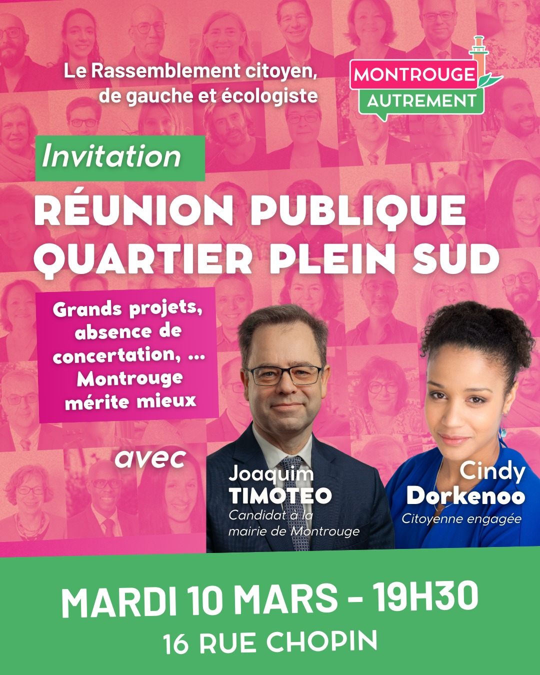 [RÉUNION PUBLIQUE – 10 MARS 2026]

📍 19h30 – 16 rue Chopin

Nous vous donnons rendez-vous pour une réunion publique consacrée au quartier Plein Sud avec Cindy Dorkenoo, citoyenne engagée de votre quartier, et Joaquim Timoteo.

Nous aborderons notamment les grands projets d’aménagement portés par l’équipe municipale actuelle, ainsi que notre conception d’une véritable démocratie participative.

Nous espérons vous voir nombreux !

#montrouge #montrougeautrement #municipales #montrouge2026 #municipales2026
