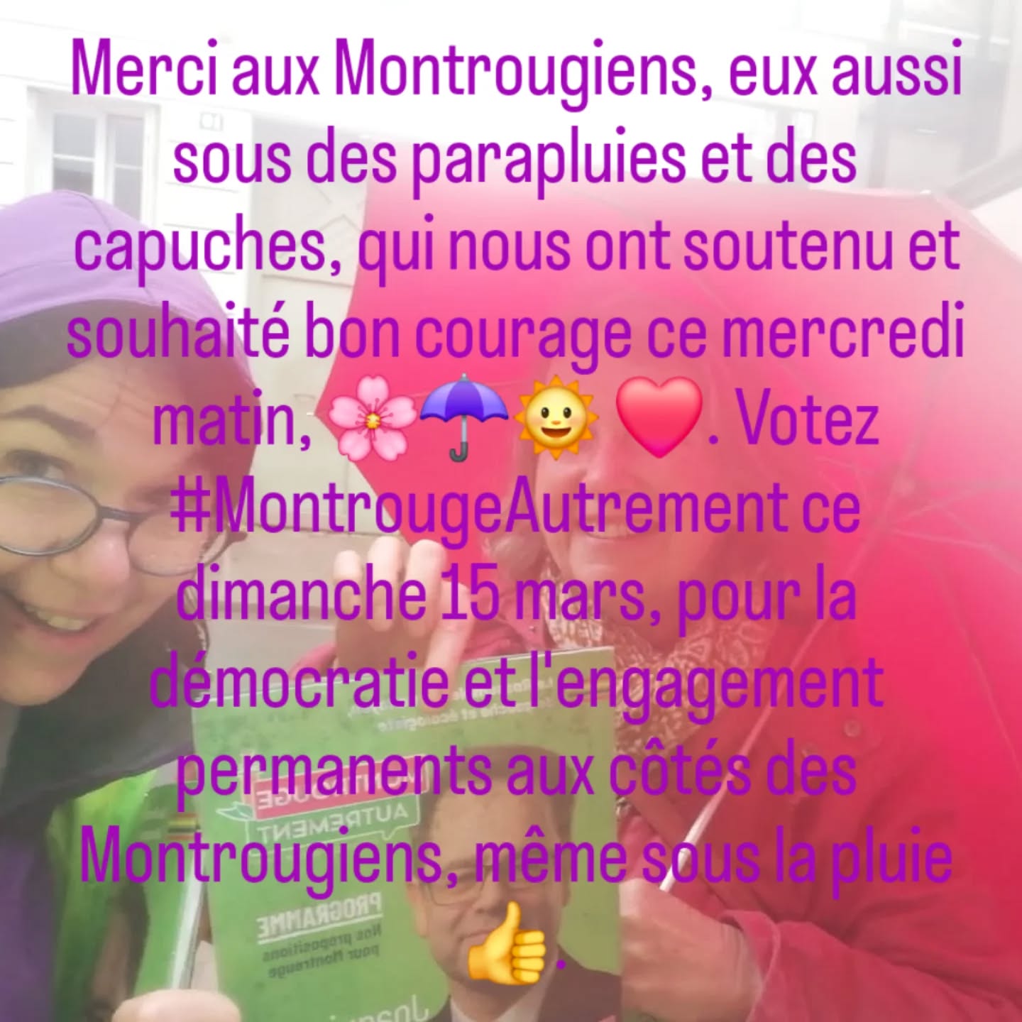 Merci aux Montrougiens, eux aussi sous des parapluies et des capuches, qui nous ont soutenu et souhaité bon courage ce mercredi matin, 🌸☂️🌞 ❤️. Votez #MontrougeAutrement ce dimanche 15 mars, pour la démocratie et l'engagement permanents aux côtés des Montrougiens, même sous la pluie 👍.