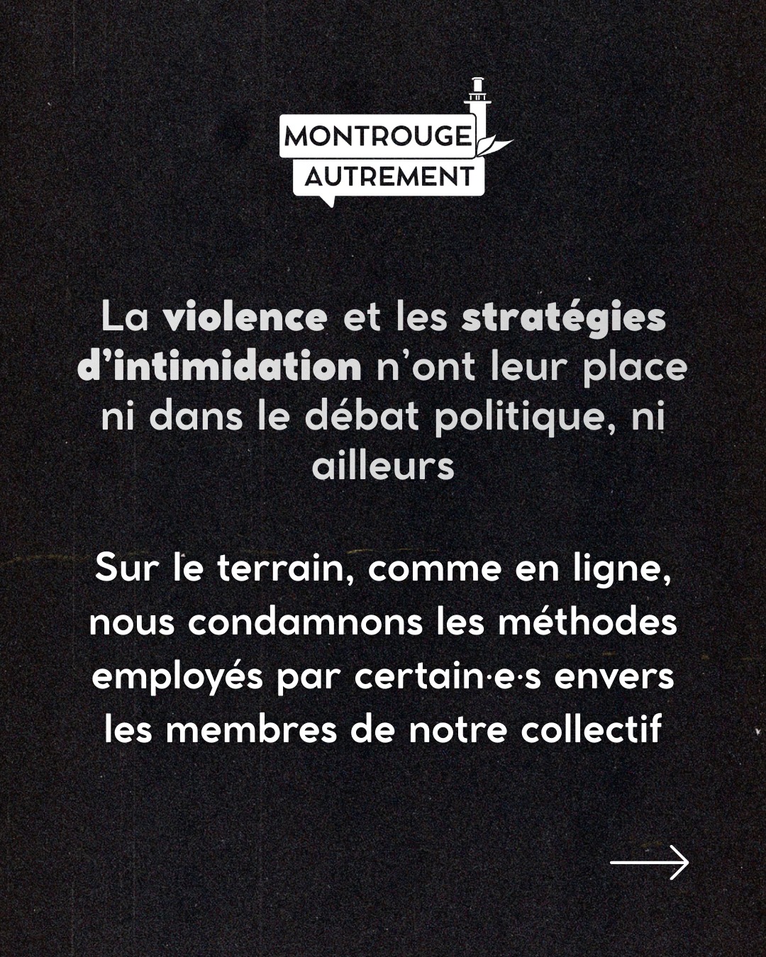 La violence et les stratégies d’intimidation n’ont leur place ni dans le débat politique, ni ailleurs.

Sur le terrain, comme en ligne, nous condamnons les méthodes employés par certain·e·s envers les membres de notre collectif.

#montrouge #montrougeautrement #municipales #montrouge2026 #municipales2026