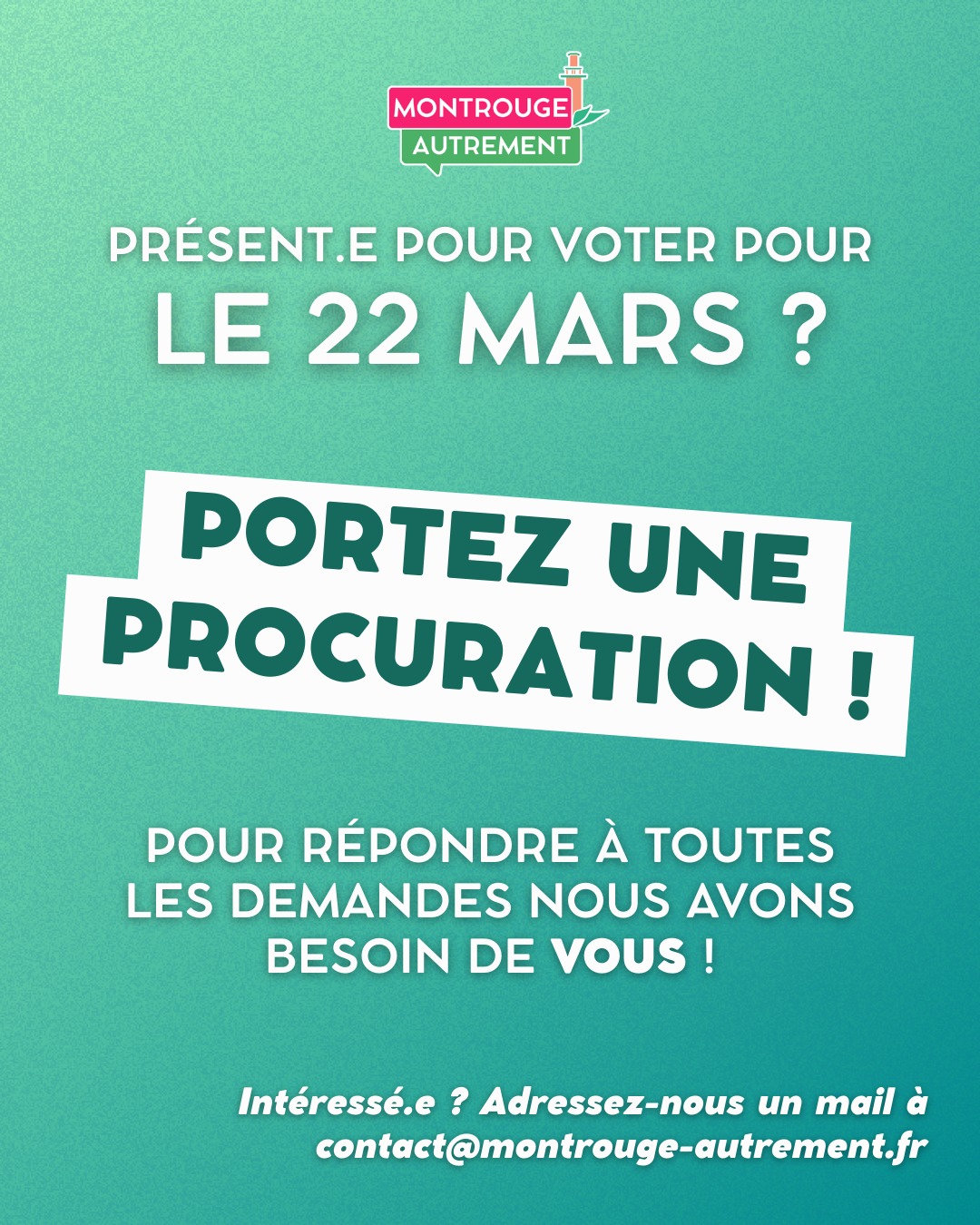 Présent.e pour voter le 22 mars ? Portez une procuration !

Pour répondre à toutes les demandes nous avons besoin de vous !

Intéressé.e ? Adressez-nous un mail à contact@montrouge-autrement.fr

#montrouge #montrougeautrement #municipales #montrouge2026 #municipales2026